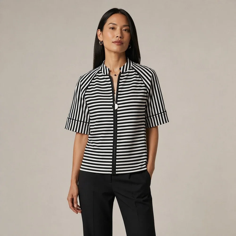 Lafayette 148 Jacket Small Petite Striped Short Sleeve Minimalist‎ Quiet Luxury